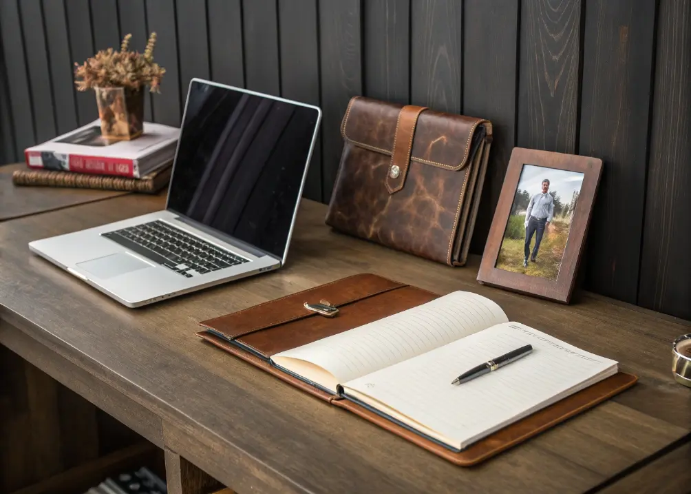 A desk with a vintage whiskey decanter, a leather-bound journal, and a small photo frame, set against a dark wood wall.