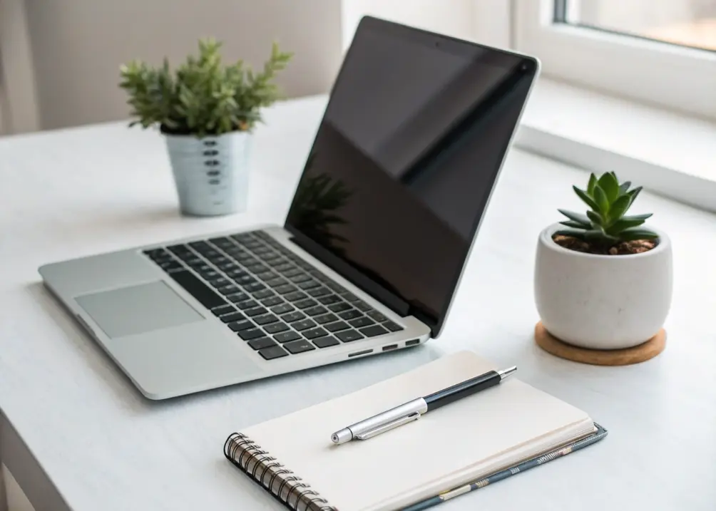 A desk with only a laptop, a pen, and a small plant,