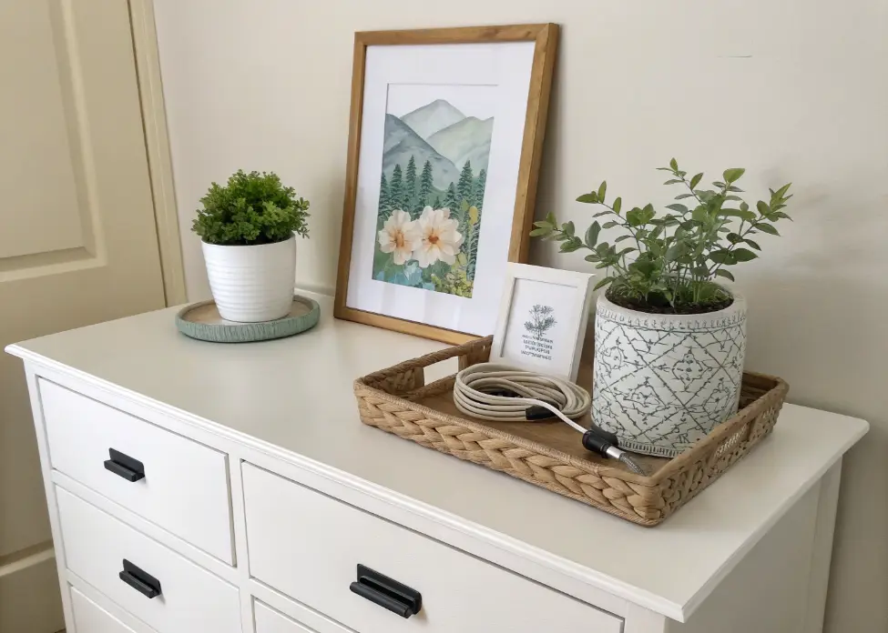 Simple bedroom styling with art, tray, and plant for a calm, organized look.