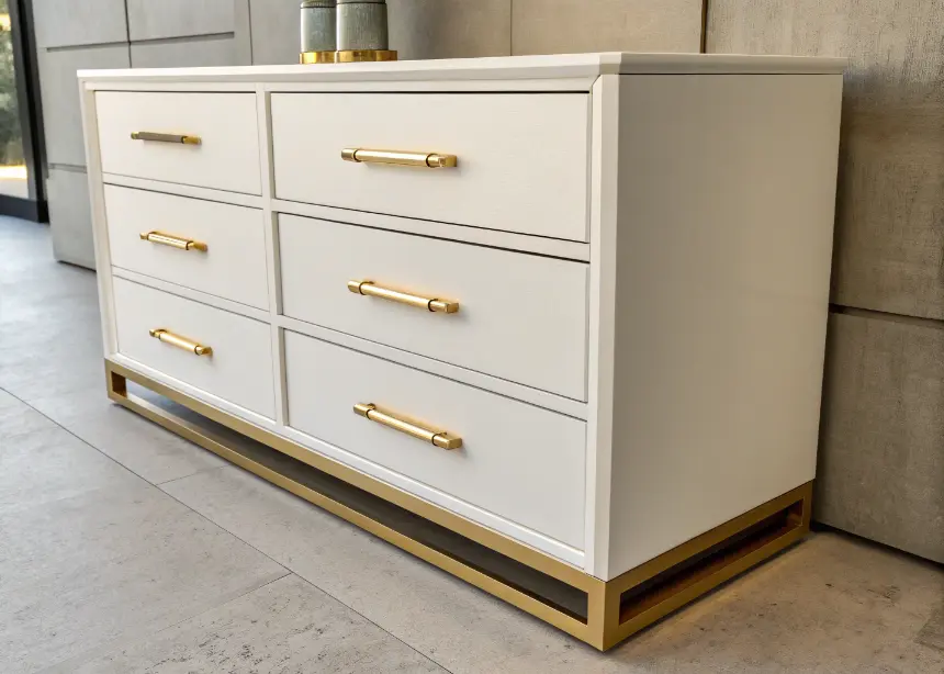 Bedroom dresser with updated gold drawer handles.