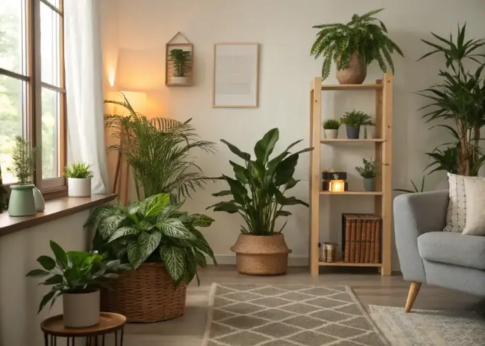  Houseplants transforming a sterile living room into a lush, vibrant oasis.