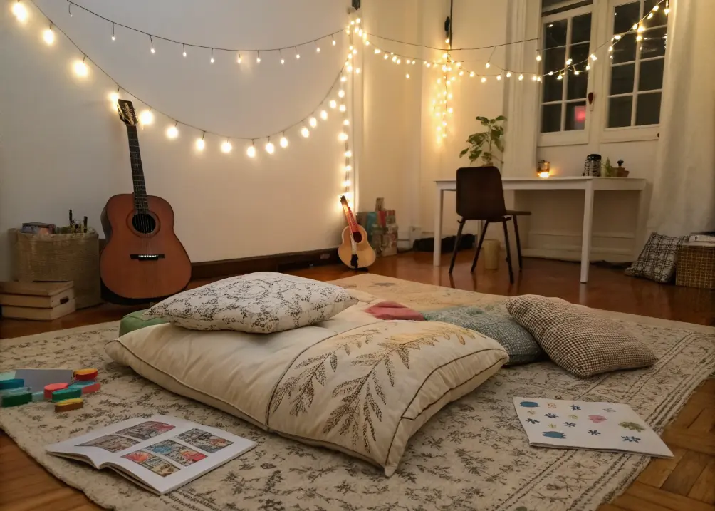 Relaxing corner with cushions, soft rug, and warm lighting.