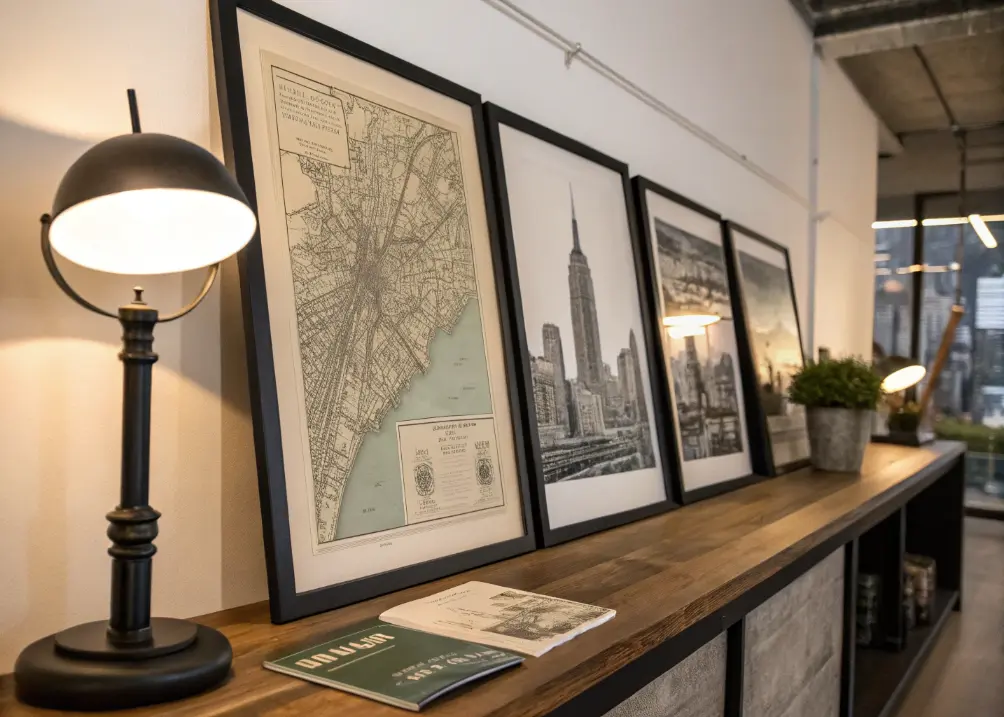 A gallery wall with black-and-white cityscape prints and a vintage map in dark frames, leaning against a shelf with a lamp.