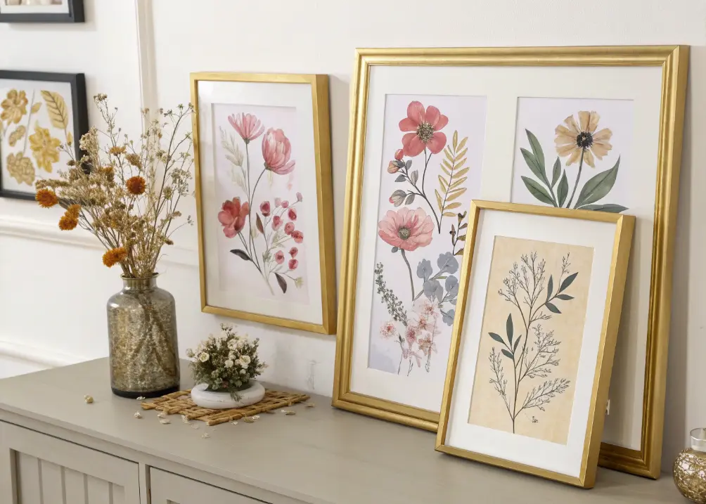 A gallery wall with floral prints and abstract art in gold frames, leaning against a shelf with a small vase of dried flowers