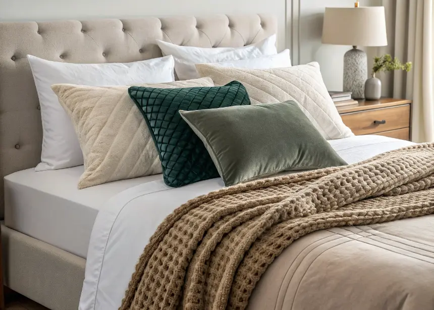 Cozy bed with layered fabrics and textures for a stylish look.