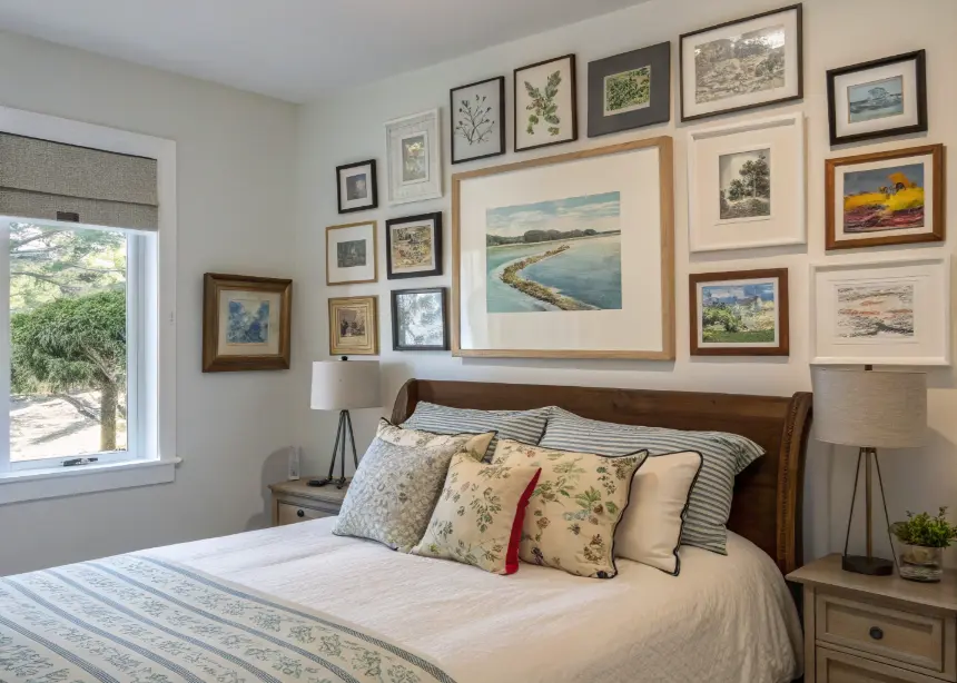 Bedroom gallery wall with framed art and photos.