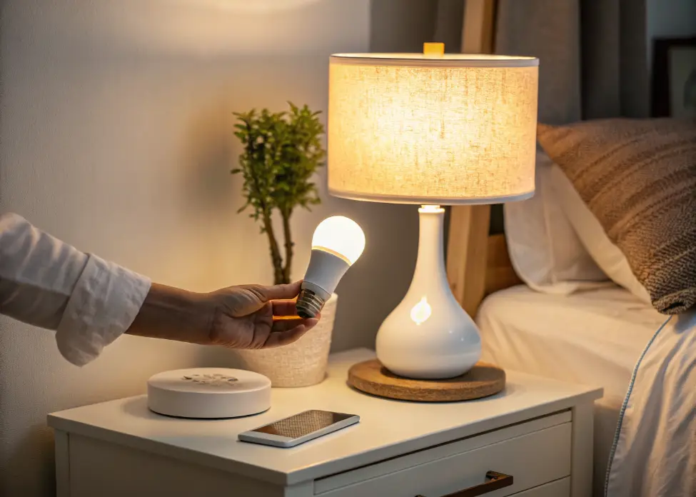 Replacing bulbs with warm LED lighting for energy-efficient bedroom coziness.