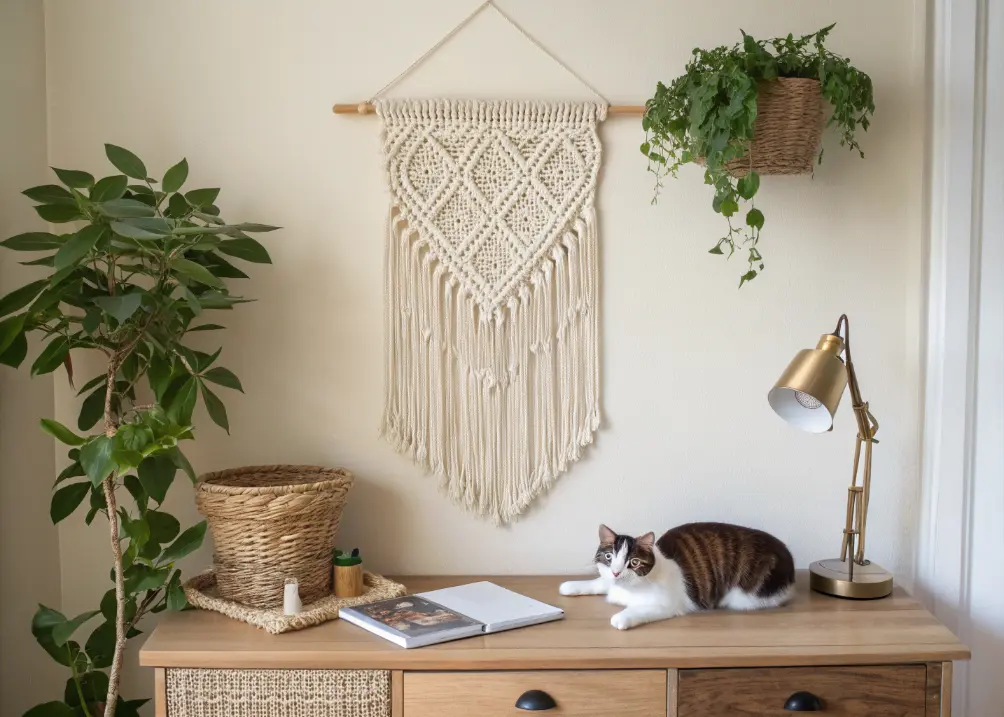: A macramé wall hanging above a desk, with a plant and a woven tray, against a creamy wall with Luna lounging below. 