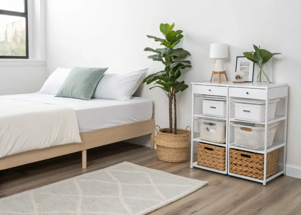 A minimalist bedroom with a clear nightstand, a single plant, and under-bed bins neatly tucked away, showing off a clean, open floor.