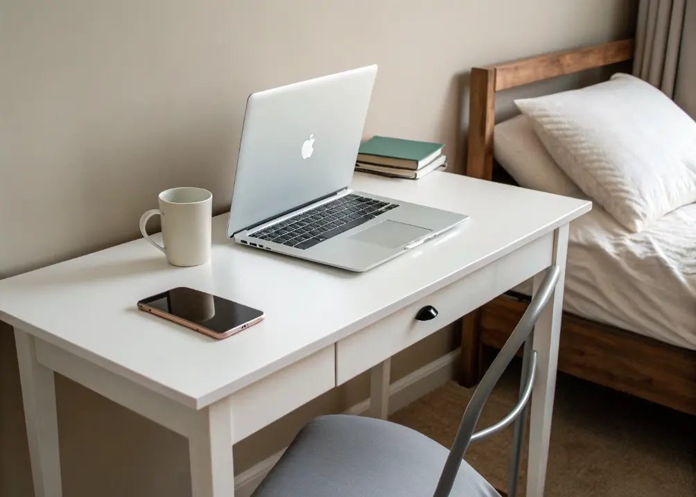 A minimalist white desk with clean lines, holding a laptop and a single ceramic mug, set against a neutral wall 