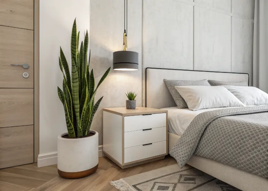 “Minimalist bedroom with indoor plants adding freshness and greenery.