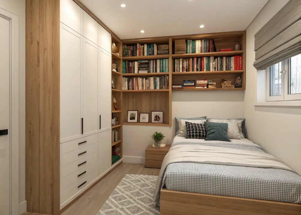 A narrow bedroom with floating wooden shelves above the bed, holding books and small decor, and a tall, slim bookcase in a corner for extra storage.