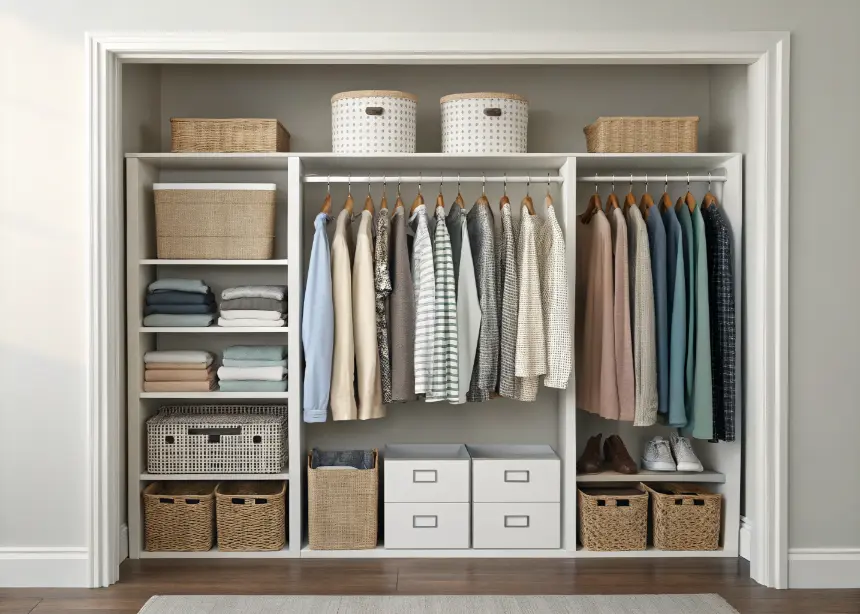 Organized closet with baskets and color-coordinated hangers.