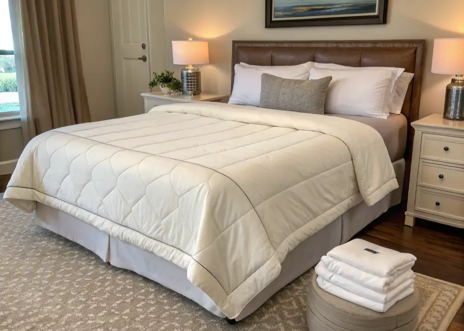 A neatly made bed with a breathable duvet and a folded weighted blanket at the foot.
