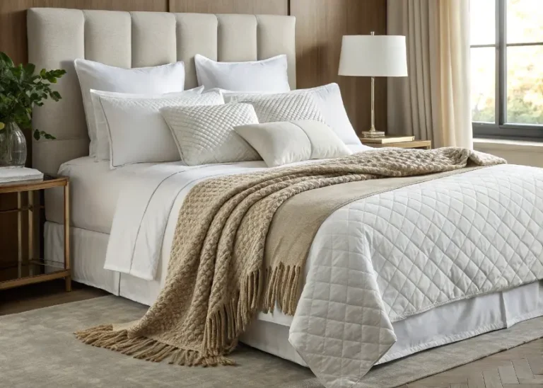 Cozy bedroom with fresh white bedding, decorative pillows, and a throw blanket.