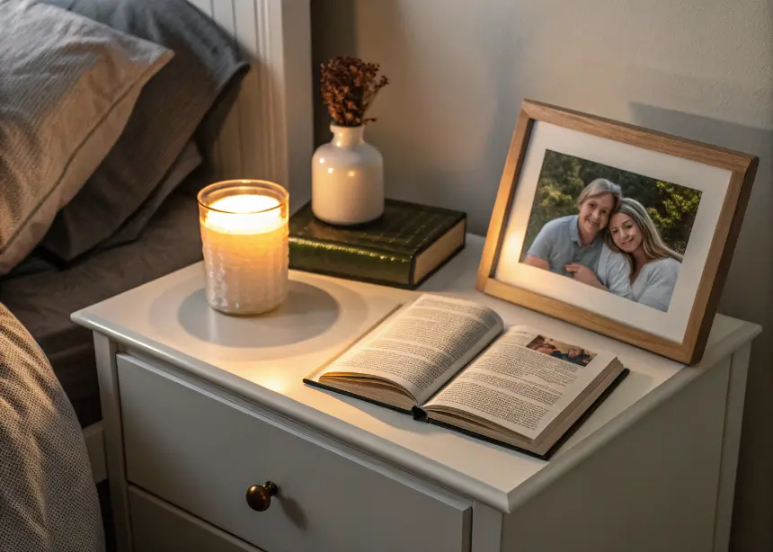 Bedroom nightstand styled with personal touches like photos and books.