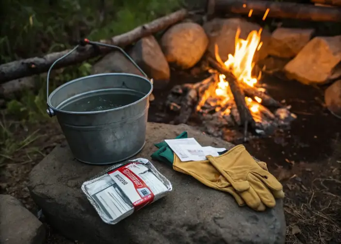 Campfire safety essentials including water bucket, gloves, and first aid kit.