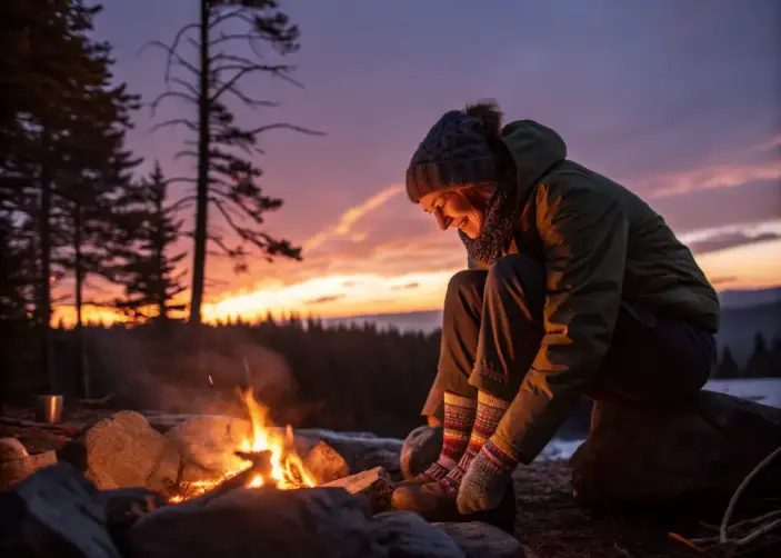 Dressing in layers and warm clothes for a comfortable campfire night outdoors.