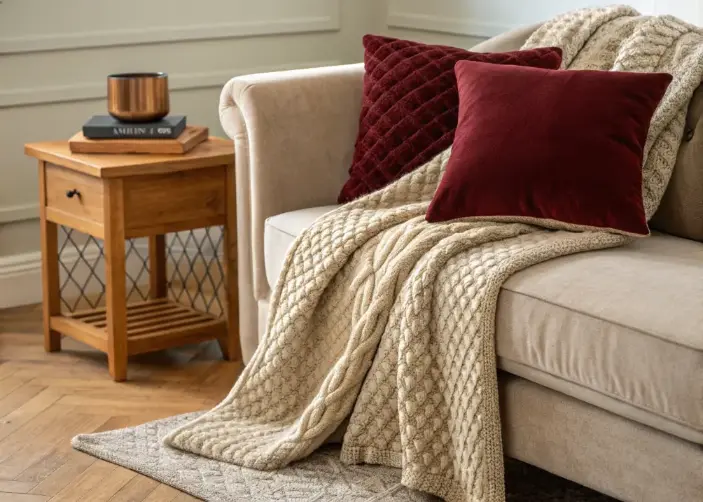  Textured layers adding depth and coziness to a living room setup.