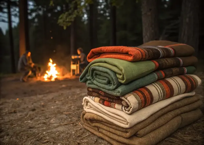 Cozy blankets and throws ready for a warm campfire evening outdoors.