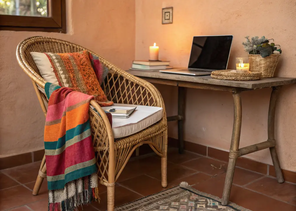 A rattan chair with a colorful throw blanket and cushion, at a desk with a laptop and a candle, against a terracotta wall. 