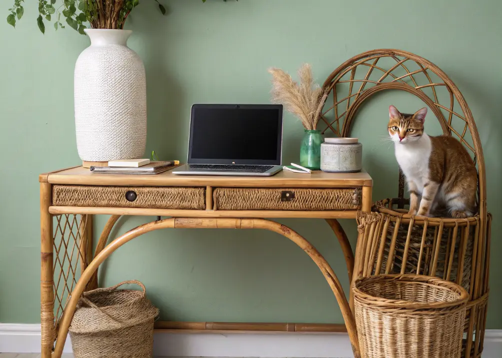 A rattan desk with a laptop, a ceramic vase, and a woven basket, set against a sage green wall with Luna peeking in.