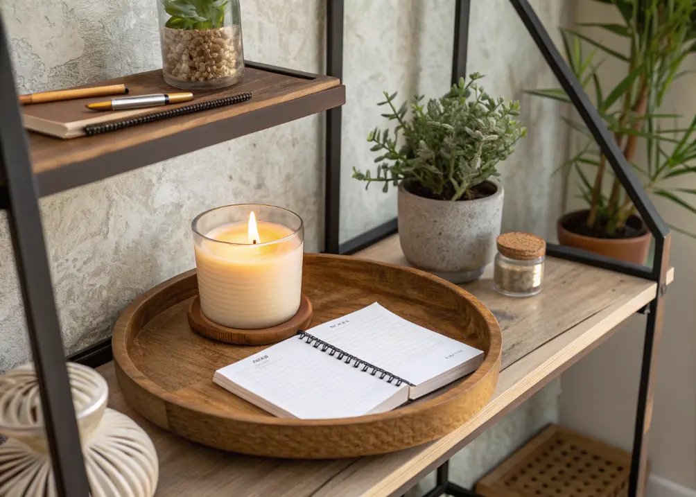 A shelf with a round wooden tray holding a candle, a small plant, and a notepad, styled against a textured wall.