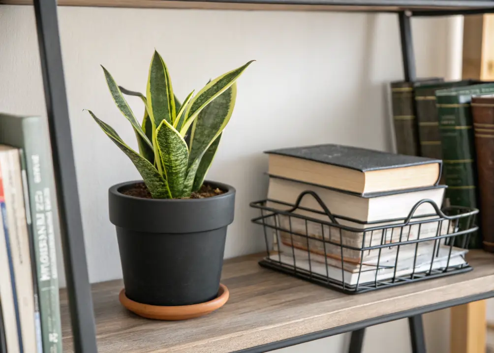 A shelf with a small snake plant in a matte black pot, next to a stack of books and a steel organizer.