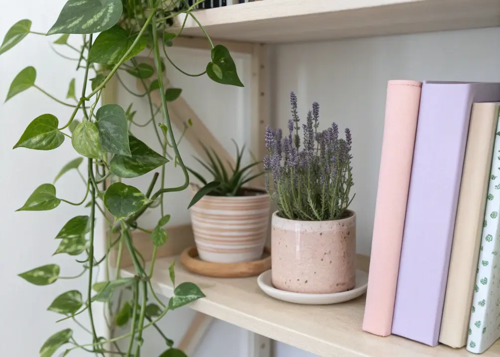 A shelf with a trailing pothos and a small lavender plant in ceramic pots, next to a stack of pastel notebooks.