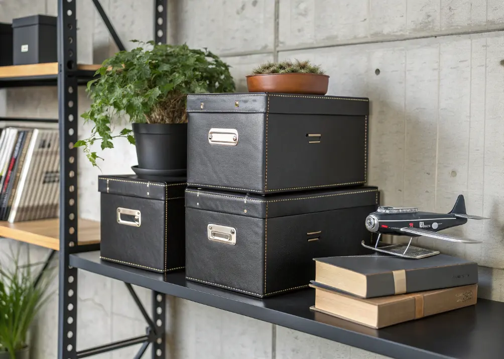 A shelf with black leather storage boxes holding files, paired with a small plant and a model plane, against a concrete wall.