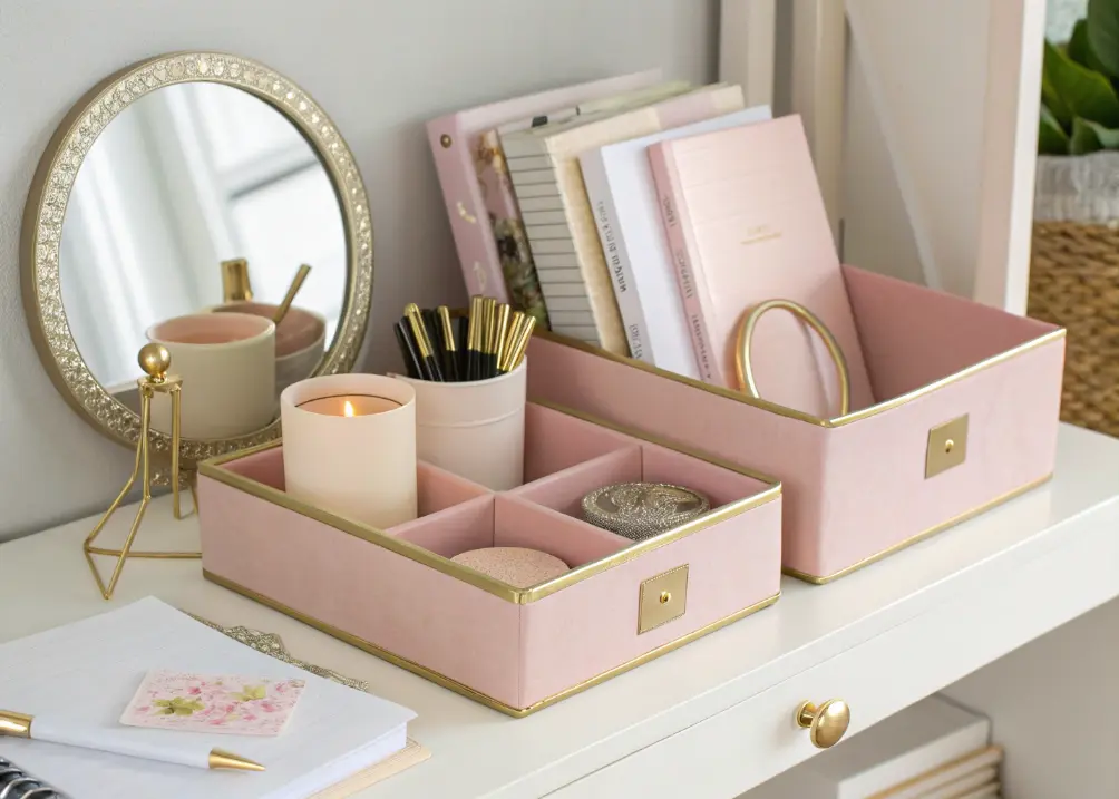 A shelf with pastel pink and gold storage boxes, holding office supplies, paired with a small mirror and a candle.