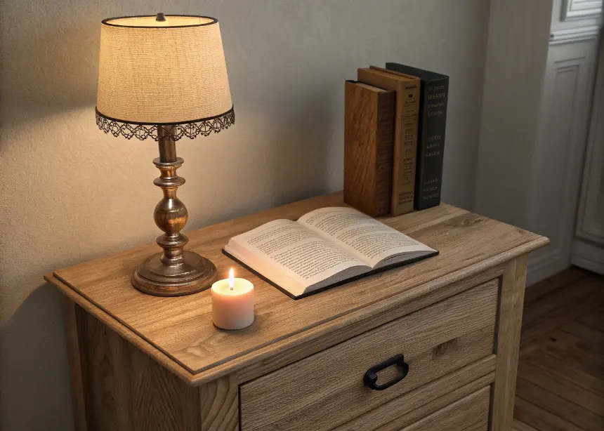 Minimalist nightstand with clean surface and simple décor.