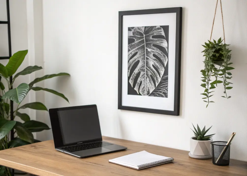 A single black-and-white abstract print in a slim frame above a desk, with a plant below 