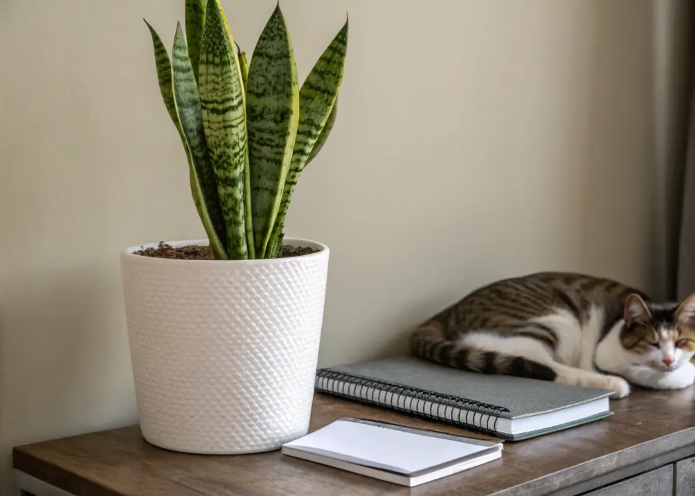 A single snake plant in a matte white pot on a shelf, next to a notebook