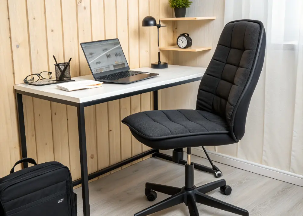A sleek black ergonomic chair at a desk, with a single cushion and a laptop, against a light wood wall.