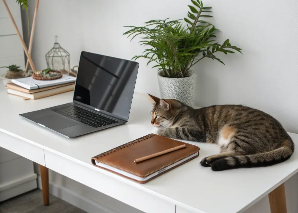 A sleek, clutter-free desk with a laptop, a single plant, and a leather notebook, set against a crisp white wall 