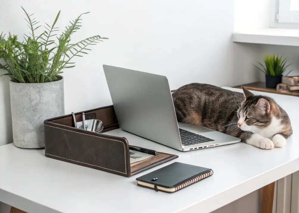 A sleek desk with a laptop, a single plant, a leather organizer, and Luna napping nearby, set against a clean white wall.