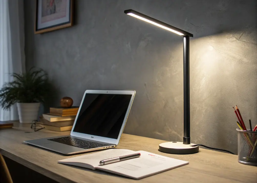 A slim LED lamp casting a soft glow on a desk with a laptop and a pen, set against a gray wall.
