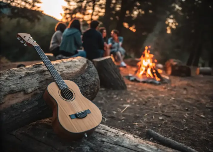  Acoustic guitar next to a campfire ready for a night of music and stories.