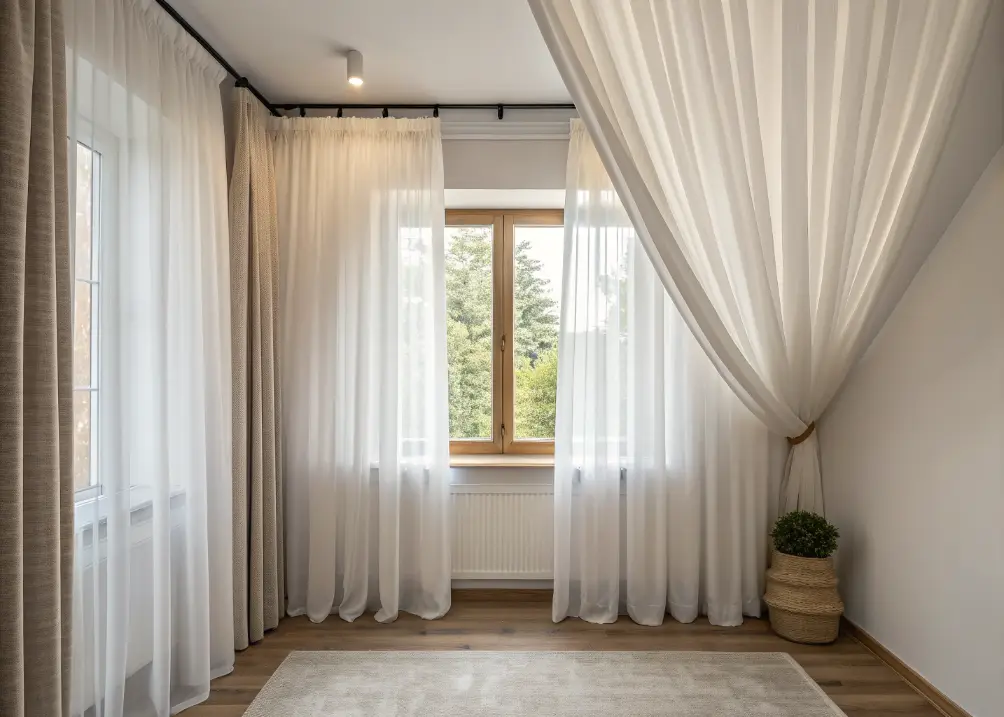 Floor-to-ceiling sheer white curtains framing a small window, with the rod mounted just below the ceiling to elongate the wall.