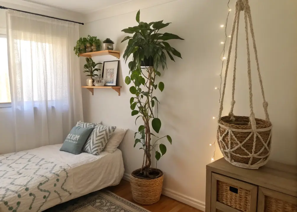 A small bedroom with a hanging macramé planter in one corner and a tall, leafy plant on a shelf, adding texture and a fresh vibe.