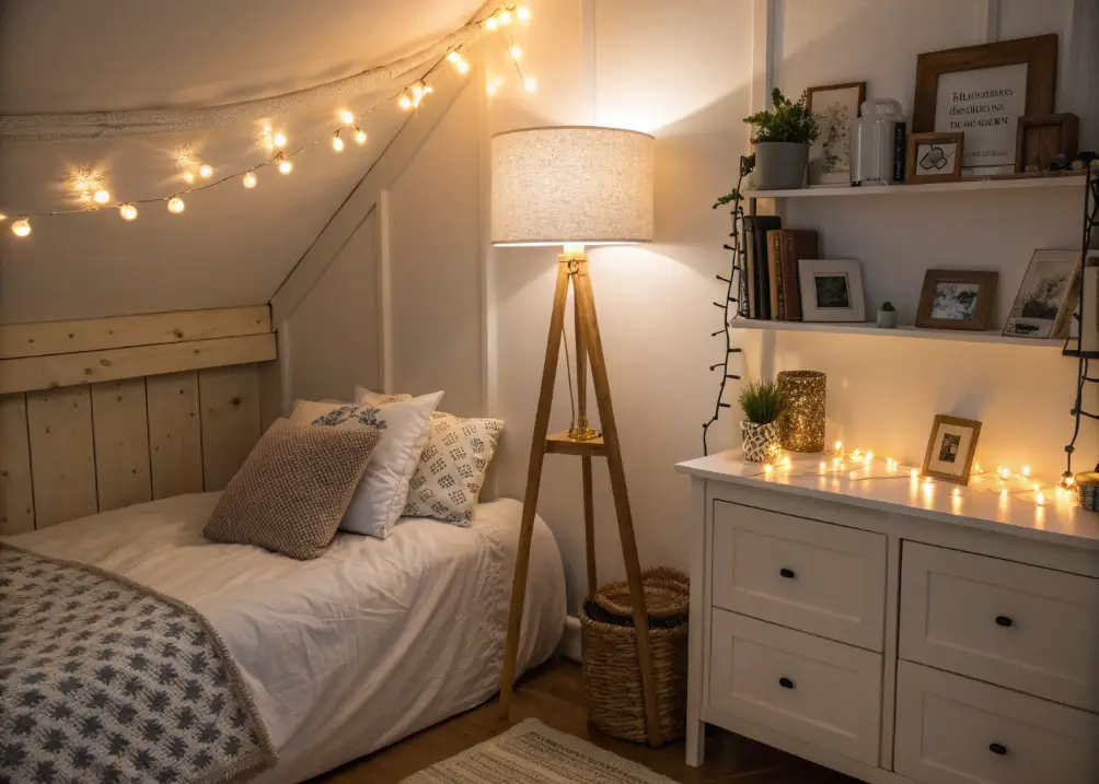  A small bedroom with a warm floor lamp in one corner, wall sconces by the bed, and fairy lights draped along a shelf, creating a layered, inviting glow.