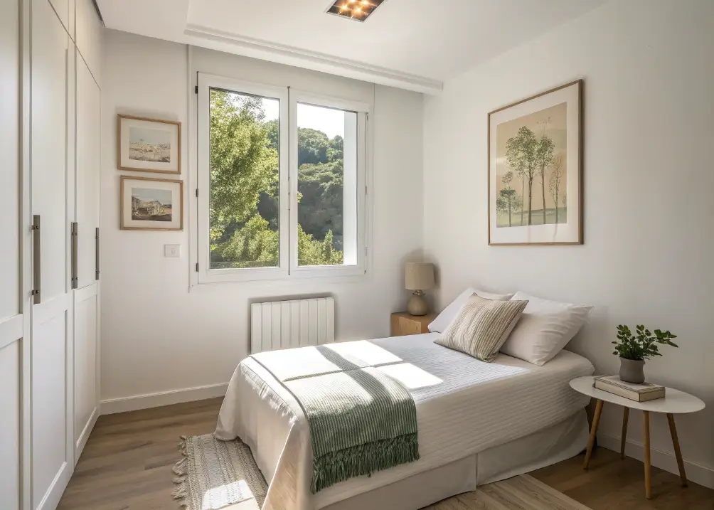 A small bedroom with soft white walls, sunlight streaming in, and minimal decor to show off the airy vibe. 