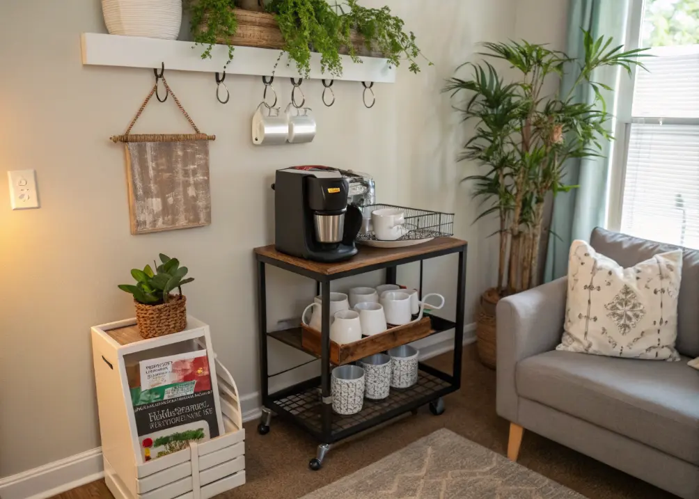 Home coffee corner setup with mugs and coffee maker.