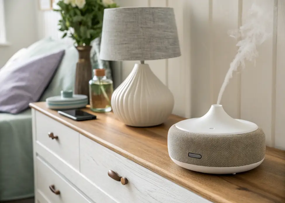 Calming bedroom setup with essential oil diffuser and speaker for soft ambient sound.