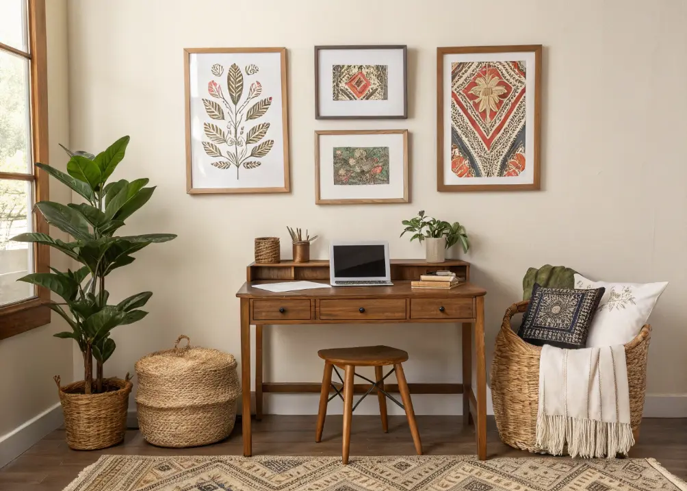 A small gallery wall with three boho prints in mismatched frames above a desk, with a plant and a woven rug below, against a creamy wall. 