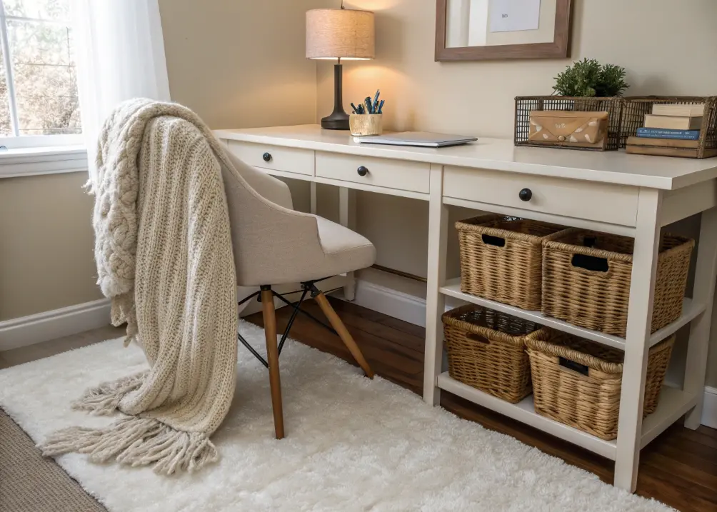 A small office with a fluffy cream rug under a desk, a knit throw draped over a chair, and a shelf with woven baskets.