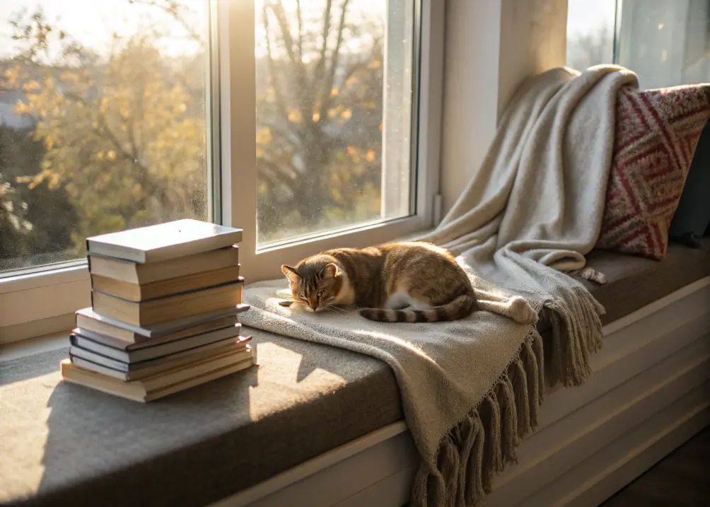 Cozy reading nook with cushions, sunlight, and books.