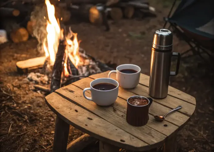 Hot drinks on a wooden table by a campfire for a cozy outdoor night.
