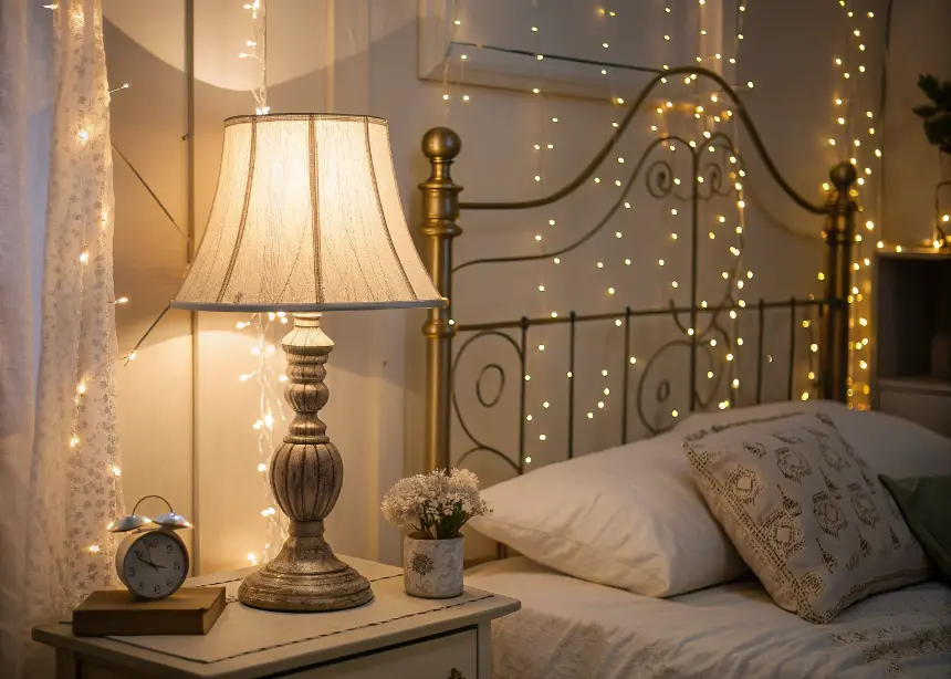 Bedroom with cozy warm lighting from bedside lamps and string lights.